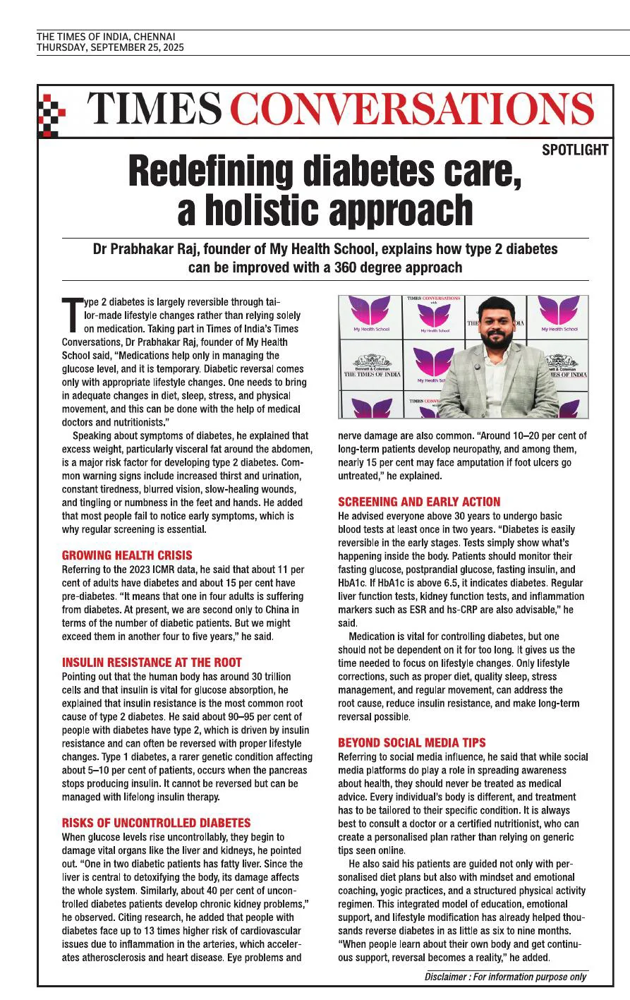 Times of India Chennai, 25 September 2025: Redefining diabetes care, a holistic approach, featuring Dr Prabhakar Raj