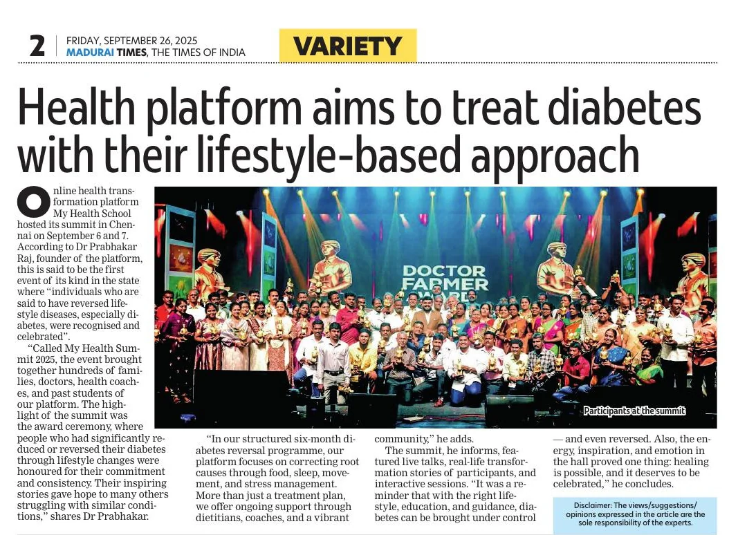 Madurai Times, 26 September 2025: Health platform aims to treat diabetes with their lifestyle-based approach, with a photo of participants at the My Health Summit